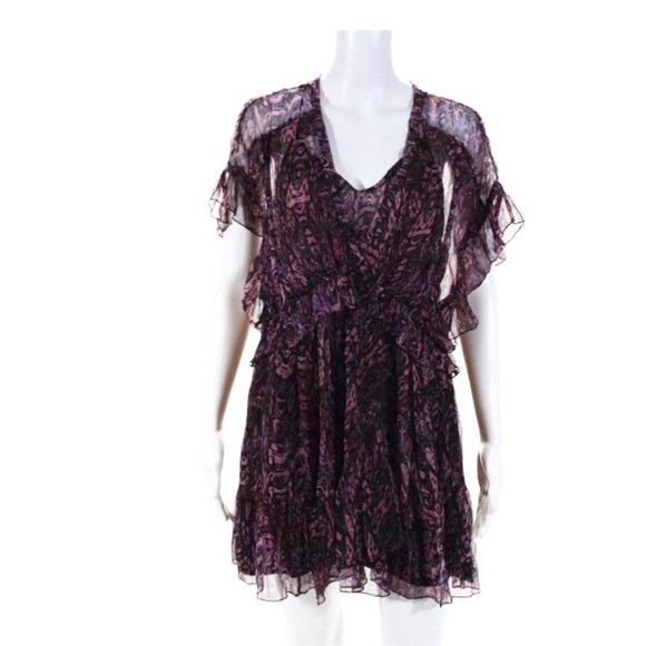 IRO Gilio Dress Size 4 Black Pink Purple Abstract Print Ruffle - Picture 2 of 11